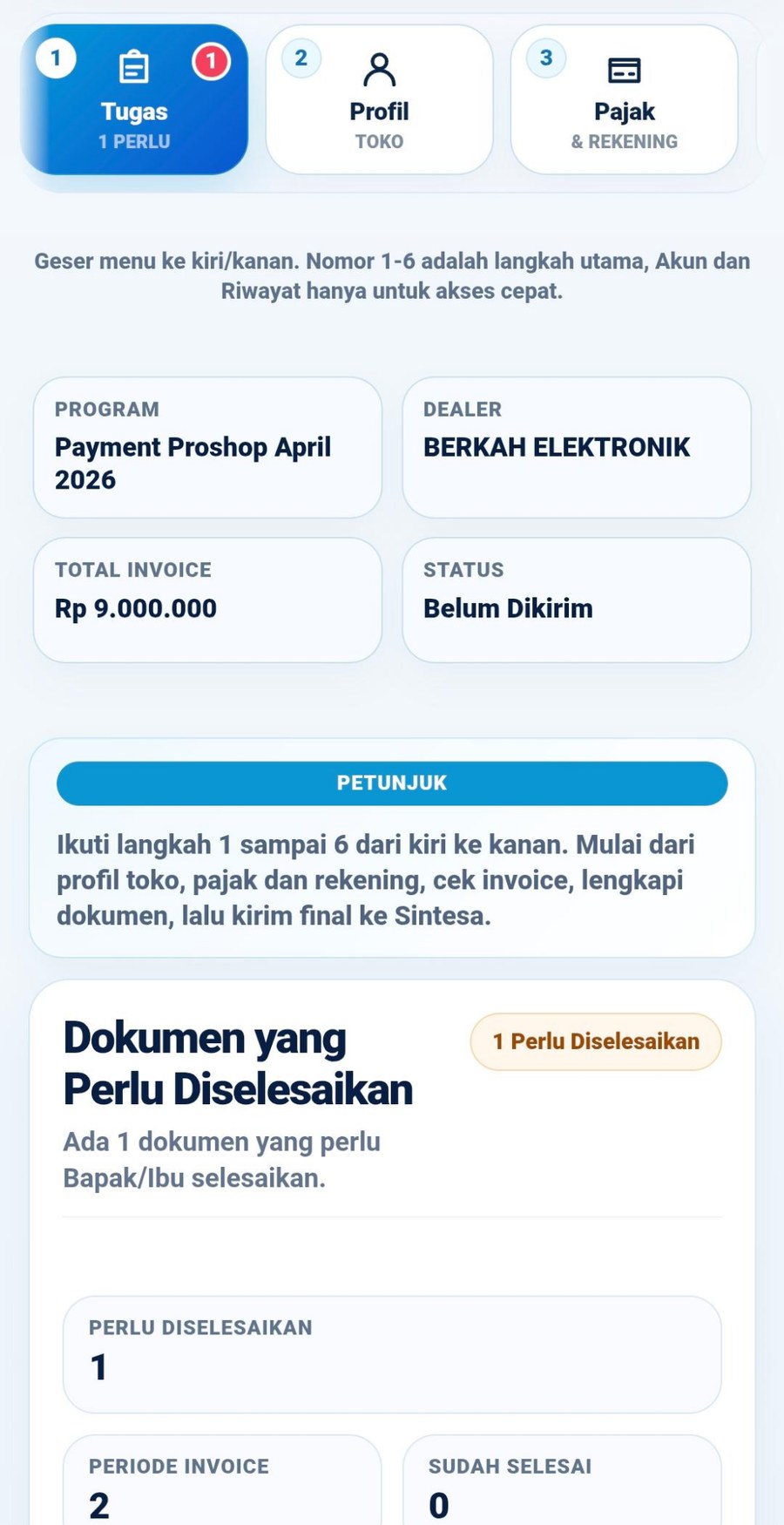 Dashboard Tugas menampilkan ringkasan program dan dokumen yang belum selesai.