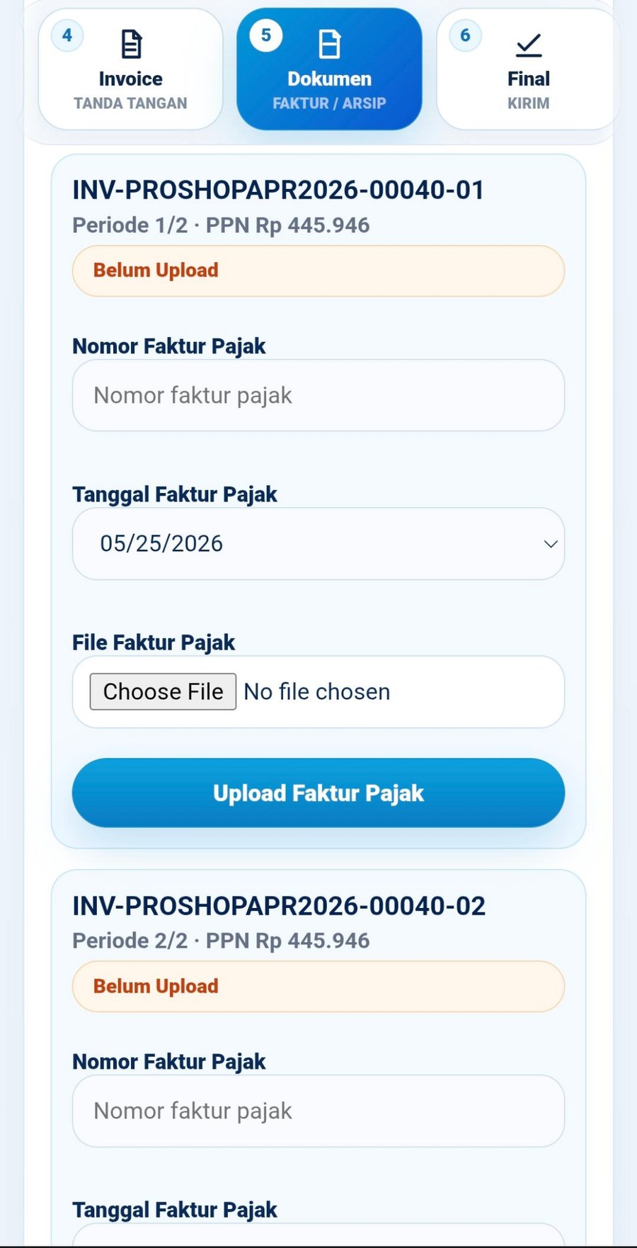 Menu Dokumen menampilkan upload Faktur Pajak per invoice periode untuk vendor PKP.