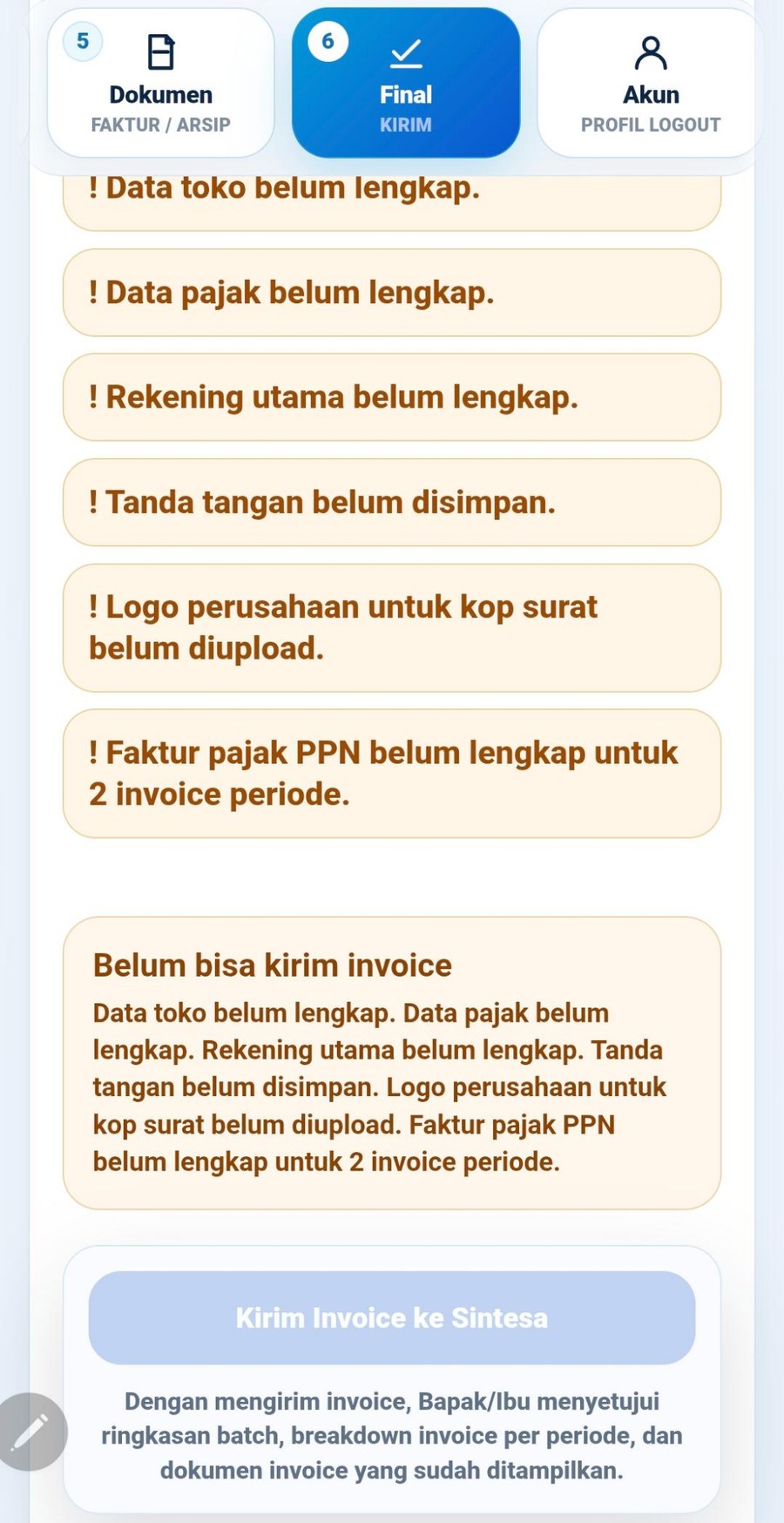 Final Review menampilkan checklist kelengkapan sebelum invoice dikirim ke Sintesa.