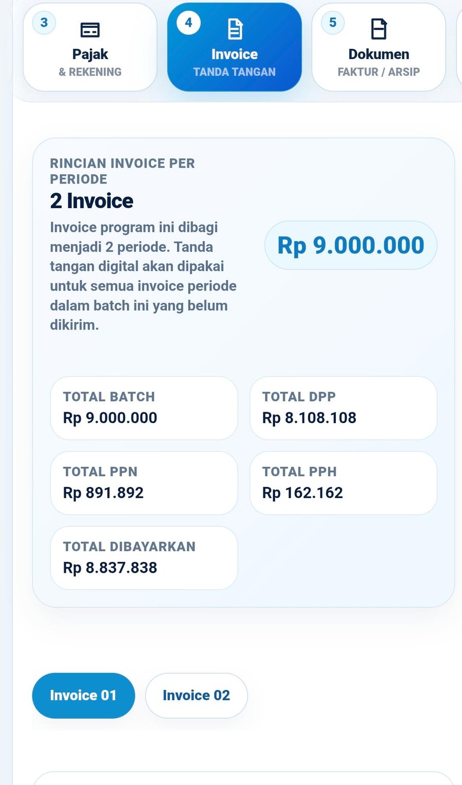 Ringkasan invoice per periode berisi total batch, DPP, PPN, PPh, dan total dibayarkan.