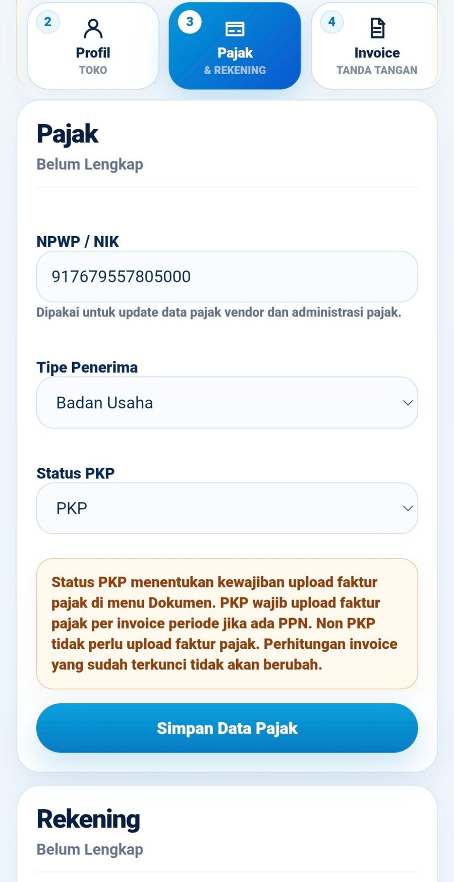 Halaman Pajak & Rekening untuk menentukan NPWP/NIK, tipe penerima, status PKP, dan data rekening.