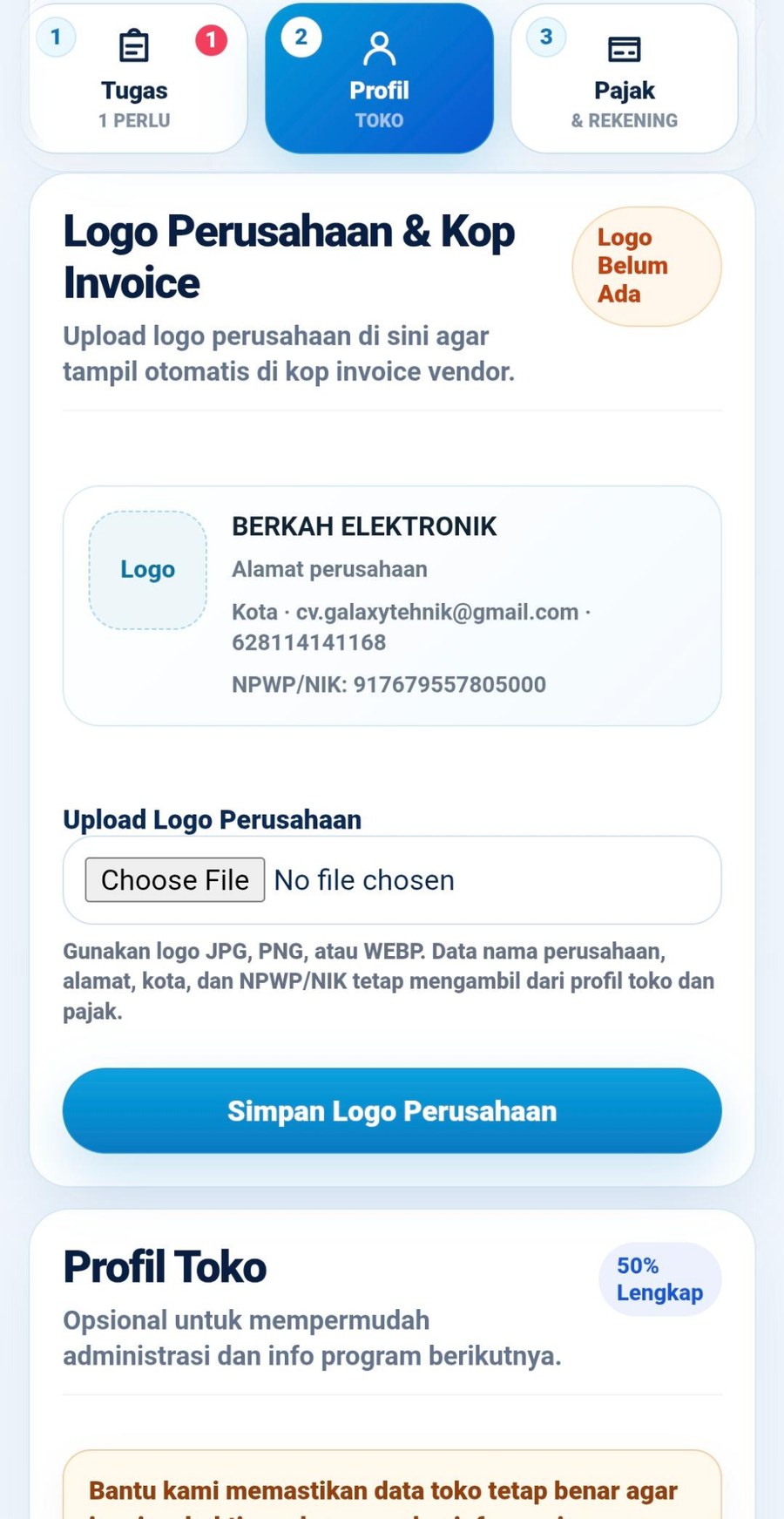 Halaman Profil Toko untuk upload logo perusahaan dan cek identitas vendor.