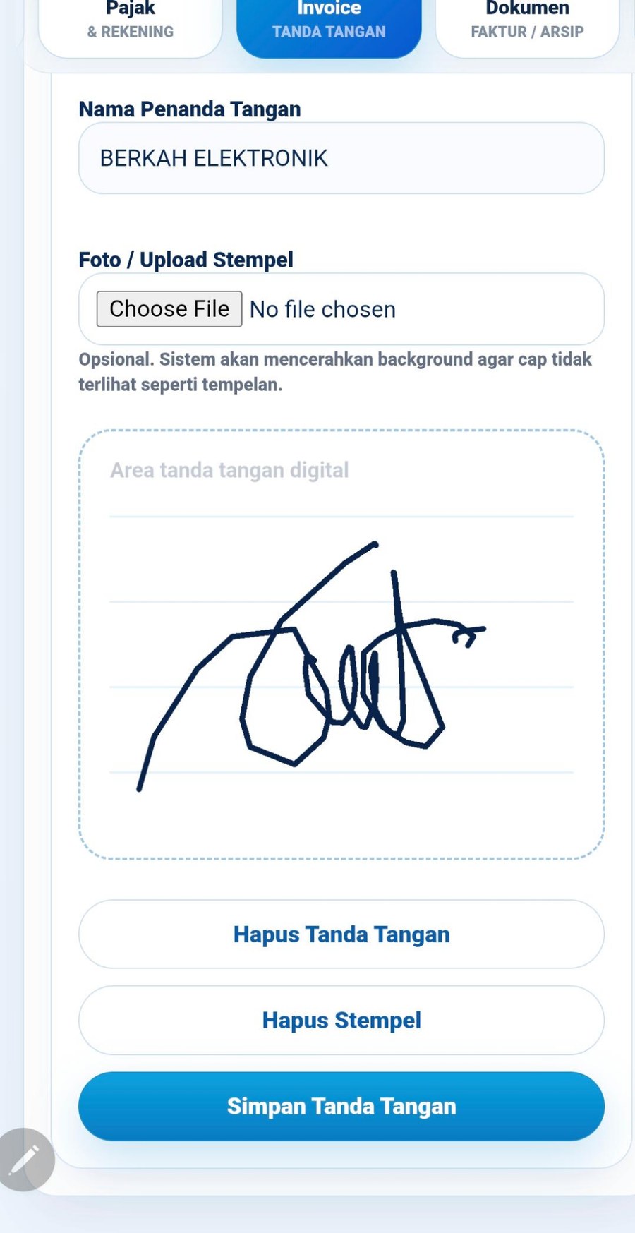Area tanda tangan digital, upload stempel, tombol hapus, dan simpan tanda tangan.
