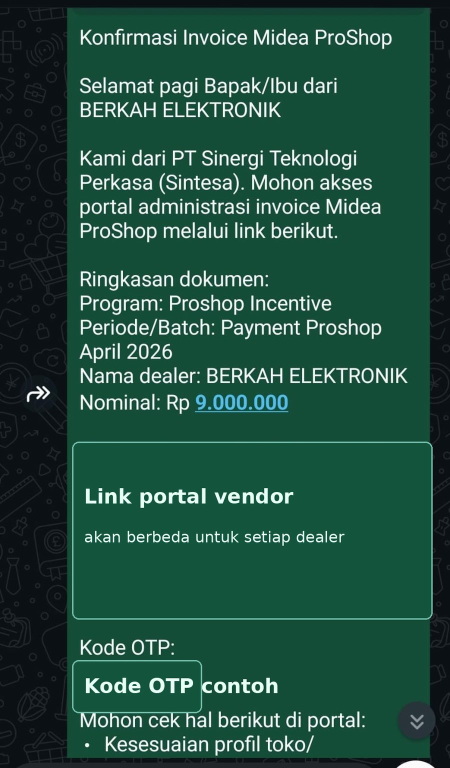 Contoh pesan WhatsApp berisi link portal dan kode OTP.